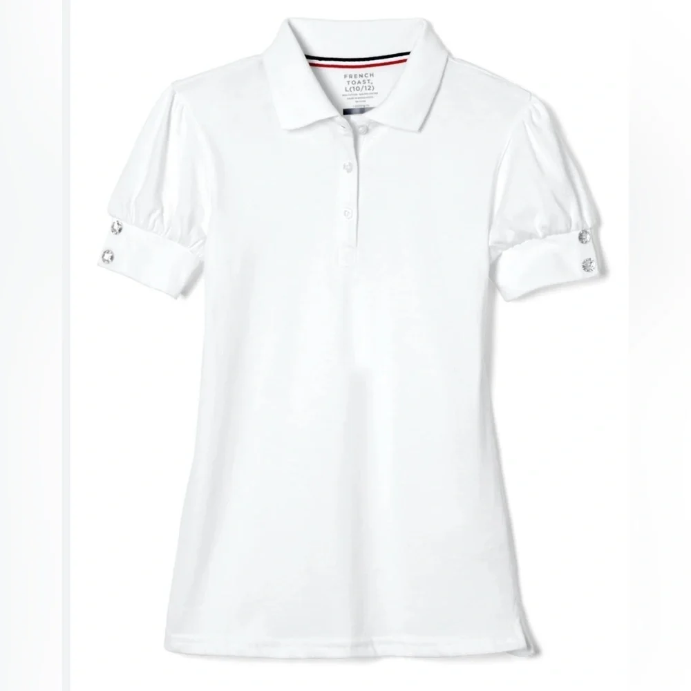 💕French Toast Short Sleeve Puff Sleeve Polo Shirt With Rhinestone Button